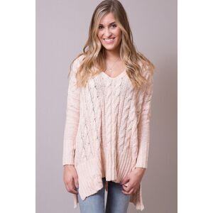 FREE PEOPLE Easy Cable V-Neck Sweater in Light Pink